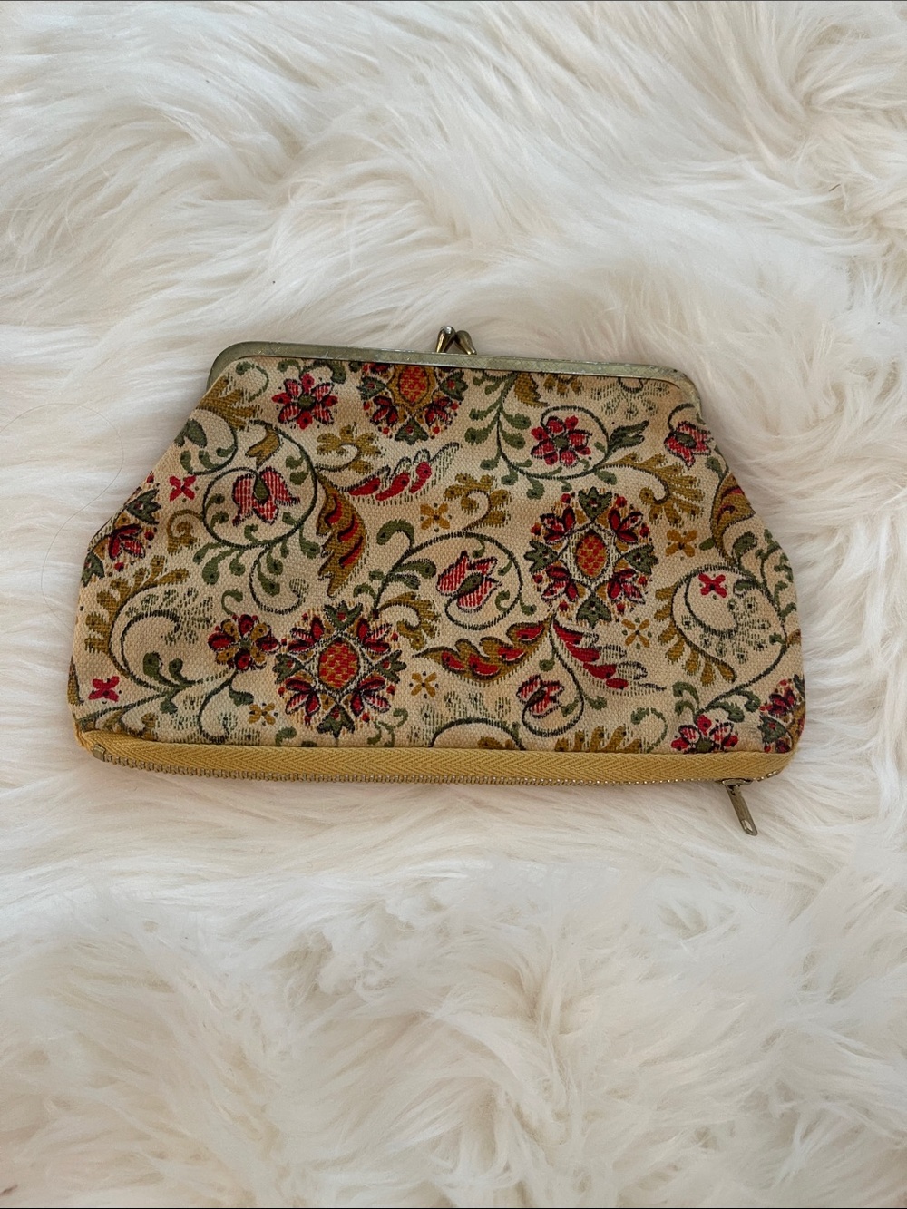 Vintage Floral Tapestry Clutch Purse/ Beige Multicolor/Double Zipper